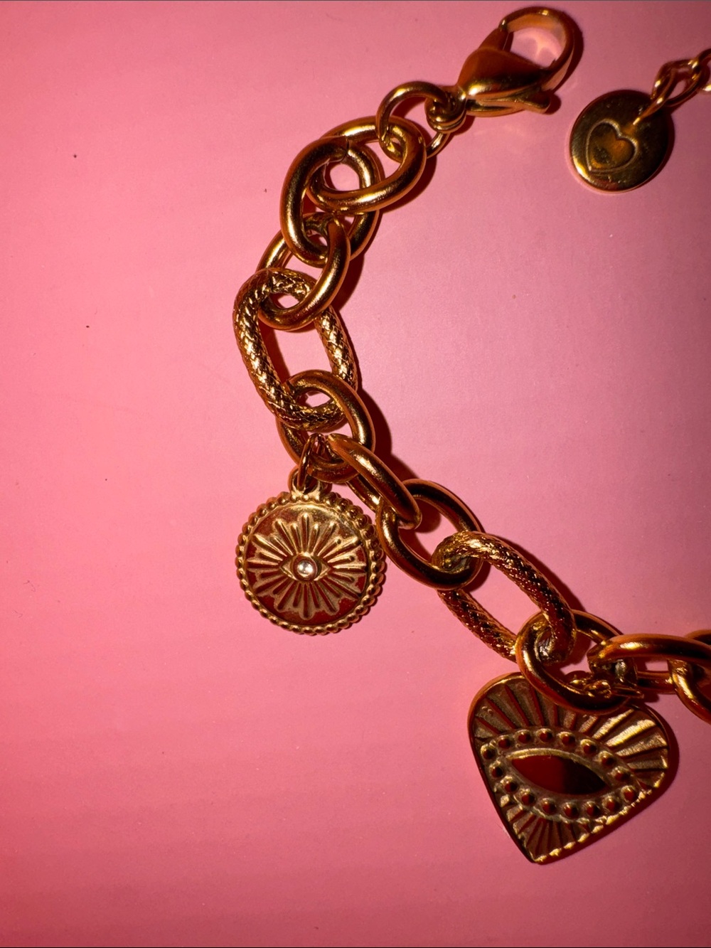 Stainless steel Charm Link Bracelet with Hamsa & Heart Charms - Picture 2 of 4